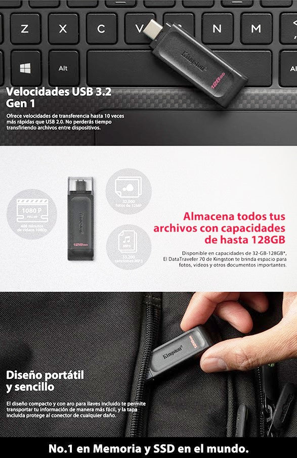 MEMORIA KINGSTON 32GB USB-C 3.2 GEN 1 ALTA VELOCIDAD / DATATRAVELER 70 NEGRO